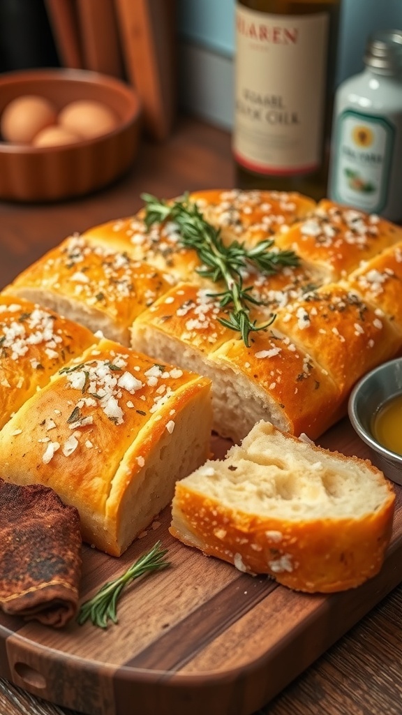 No-Proof Focaccia Bread Recipe Golden brown focaccia bread topped with rosemary and sea salt, served with olive oil on a wooden board.